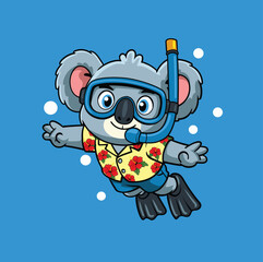 Cute cartoon koala bear mascot character snorkeling and diving underwater with a mask and flippers © harrisaputra