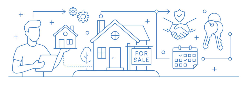Real estate and property sale line art banner. Outline concept with agent, house for sale sign, handshake, calendar, and keys for buying or renting a home.
