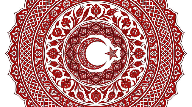 Intricate Ottoman Style Red and White Floral Mandala Ornament with Crescent Moon and Star Centerpiece
