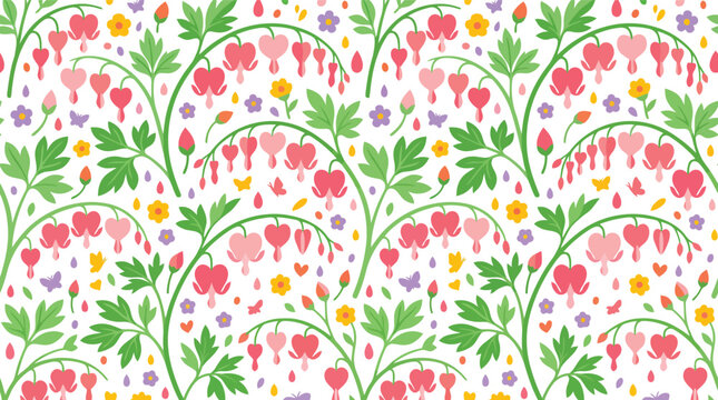 Seamless bleeding heart flower pattern with colorful spring floral elements on white