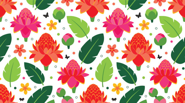 Seamless tropical floral pattern with red ginger flowers and green leaves vector