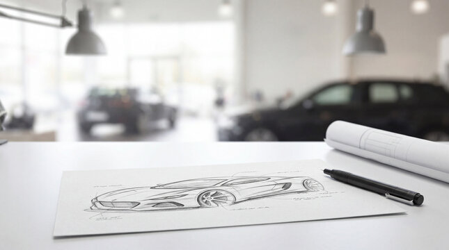 Bright car design studio with hand-drawn sketches on table, pens, and rolled blueprints. Car prototypes and hanging lights