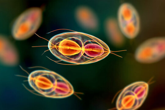 Close-up medical artwork depicting Trichomonas vaginalis, the protozoan that causes trichomoniasis
