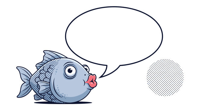 Humorous cartoon fish with large pink lips and big eyes looks at a large empty speech bubble for custom text in a comic style.