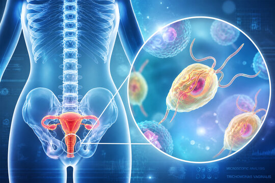 3D medical illustration of Trichomonas vaginalis infecting the female reproductive system, representing trichomoniasis and sexually transmitted infection concepts
