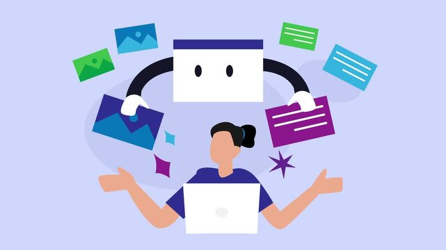 Content Management System Concept with Cartoon Browser Interface Organizing Media Files for Female User with Laptop cartoon animation