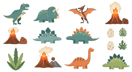 Cute cartoon dinosaurs and erupting volcanoes collection © Aiso