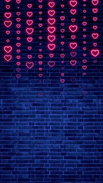valentines day neon lights hearts strings on brick wall animation, shiny and glowing valentine and romantic love vertical social media motion background