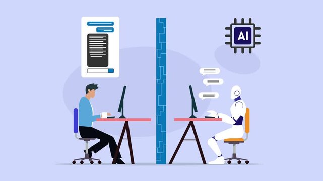 Man and Robot Separated by Wall Working at Computers Turing Test cartoon animation