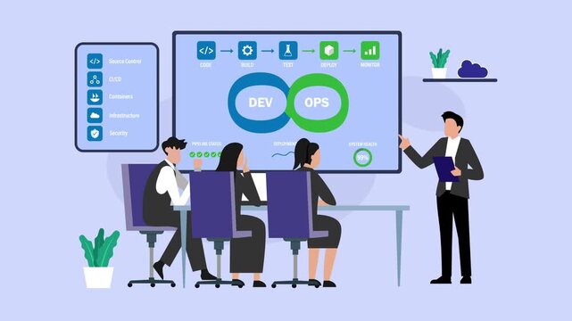 DevOps Presentation Concept with Team Meeting and Software Development Lifecycle cartoon animation