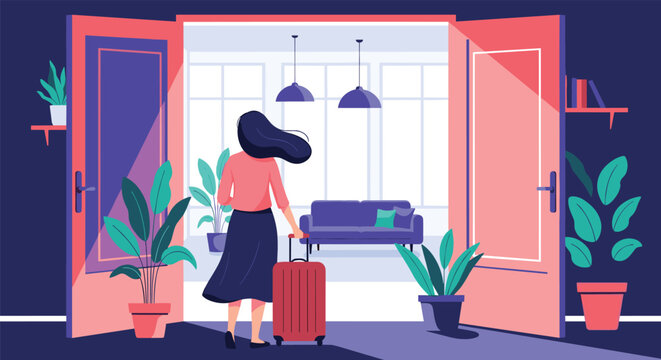Woman standing in an open doorway of a modern apartment carrying a suitcase after a long journey or vacation.