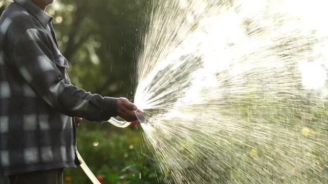 Person waters garden with hose under bright sunlight. Water sprays wide, catching light in motion. Background blurred with green foliage and soft focus. Sunlit scene evokes calm, routine care