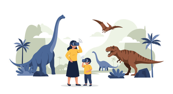 Excited mother and son wearing virtual reality headsets to explore a digital world filled with prehistoric dinosaurs.