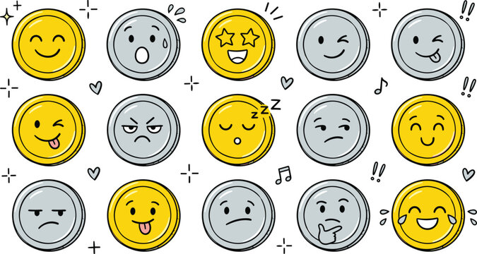 Cute cartoon gold and silver coin emoji face vector icon set featuring various funny expressions emotions smile wink happy angry sad isolated graphic elements.