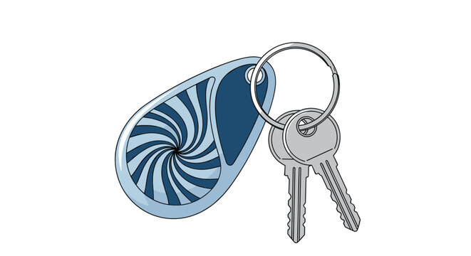Pair of metal keys attached to a circular ring with a blue and white patterned electronic proximity key fob.