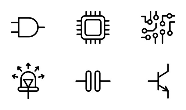 Electronic Components Icons Set, Circuitry Symbols, Technology Vector Graphics, Digital Engineering Elements