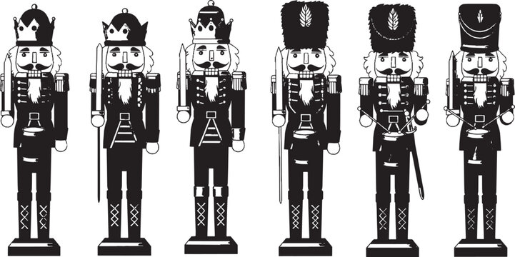 Set of six black and white nutcracker figures in traditional uniform standing in a row isolated on transparent background, Vector