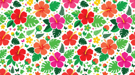 Seamless tropical hibiscus floral pattern with colorful leaves and flowers on white © azad