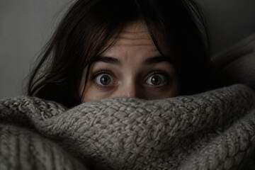 Fototapeta premium A person with wide, startled eyes peeking out from under a thick, knitted blanket in dim lighting.
