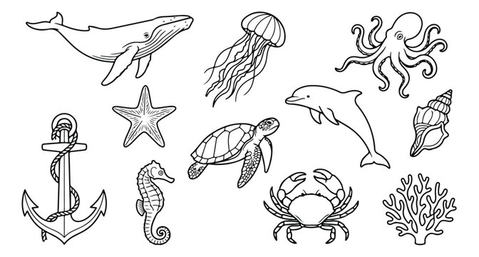 Oceanic marine life vector collection, hand-drawn sea creatures and nautical elements, underwater animal illustrations, black and white line art for aquatic themes