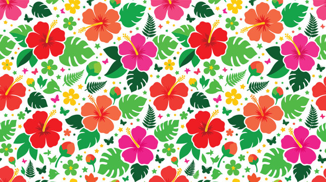Seamless tropical hibiscus floral pattern with colorful leaves and flowers on white