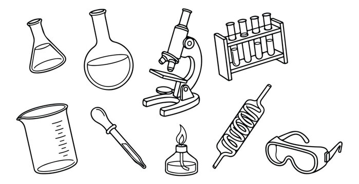 Science laboratory equipment vector set, essential chemistry lab tools, biology research instruments, educational science experiment supplies, black and white line art collection
