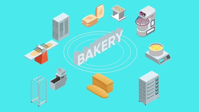 Isometric Commercial Bakery Production Line Equipment and Industrial Machinery Concept Art 3d animation cartoon