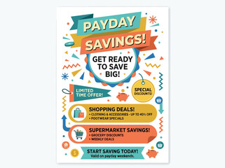 Naklejka premium Vibrant Payday Savings Flyer with Colorful Banners and Discounts on Clothing, Footwear, and Groceries