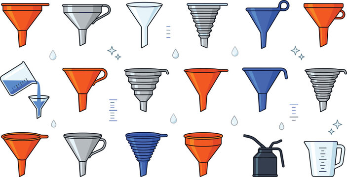 Industrial and laboratory funnel tool vector illustration set featuring various kitchen liquid funnels ribbed plastic oilers and graduated measuring beaker icons isolated on white.