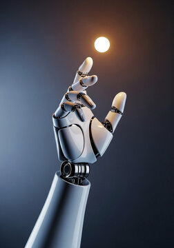Glossy robotic hand reaching upward toward a glowing orb of light on a grey background