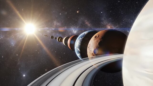 A stunning digital artwork depicts a stylized view of our solar system, showcasing the planets aligned in a row with the sun blazing brightly in the background.