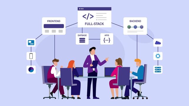 Full-Stack Web Development Team Training and Presentation cartoon animation