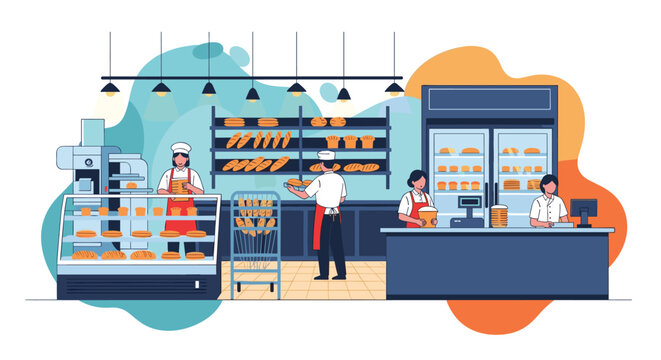 Busy bakery interior features professional staff preparing fresh bread, displaying pastries in glass cases, and managing a modern storefront.