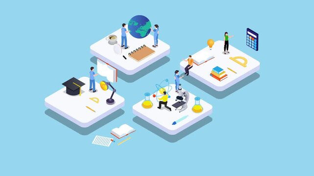 Education and Science Research Concept with Students and School Supplies 3d animation cartoon
