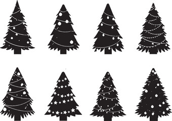 Obraz premium Set of black christmas tree icons with different decorations and lights for winter holiday design projects isolated on transparent background, Vector
