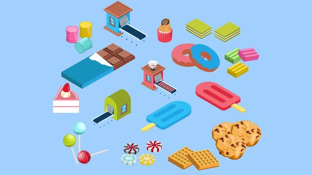 Isometric Candy and Sweet Food Factory 3d animation cartoon