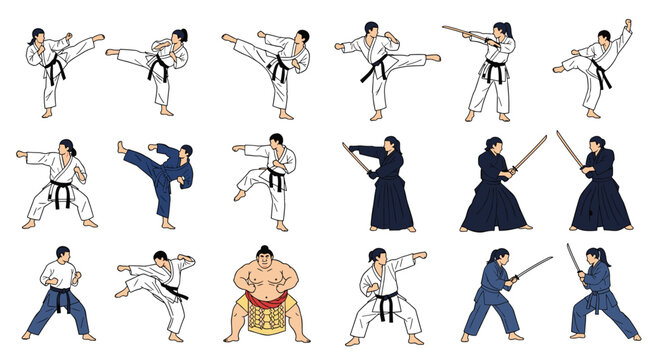 Comprehensive set of martial arts silhouettes shows various poses for karate, kendo, and sumo wrestling, capturing dynamic traditional movement.
