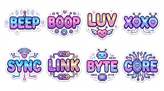 Cute Kawaii Tech Sticker Set Featuring Robot Coding Words Beep Boop Byte Sync Core, Pink and Purple Pastel Neon Aesthetic for Gaming Social Media Graphic Assets, Isolated Vector.