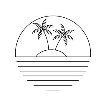 Logo agencia de viajes. Vacaciones de verano. Dibujo minimalista de un paisaje tropical con una isla con dos palmeras, con el sol en el horizonte y su reflejo formado por l&iacute;neas rectas paralelas