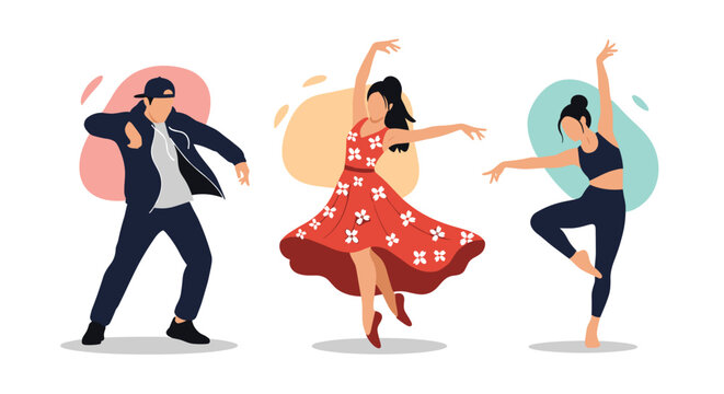 Three diverse dancers perform expressive movements including hip hop, flamenco, and contemporary styles against colorful abstract shapes.
