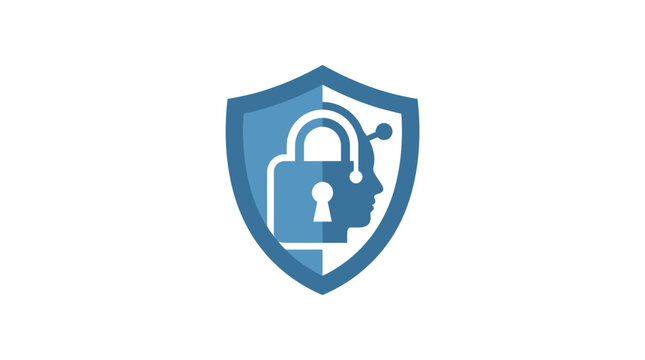 Secure Mind Icon: Shield and Lock on Human Head Silhouette, Digital Security