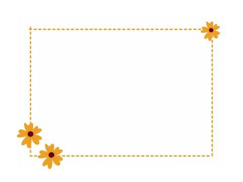 Elegant rectangle border frame with a dashed line and cute yellow daisy flowers in the corners.