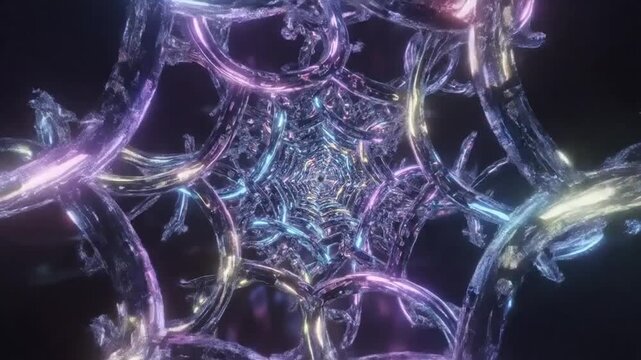 Ethereal crystalline tunnel with swirling iridescent branches and glowing light effects in a dark cosmic environment Keywords: abstract, tunnel, crystal, iridescent, swirling, glowing, light, dark