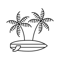 Logo club de surf. Vacaciones de verano. Dibujo minimalista con líneas de dos palmeras saliendo de una tabla de surf como si fuera una isla © teracreonte