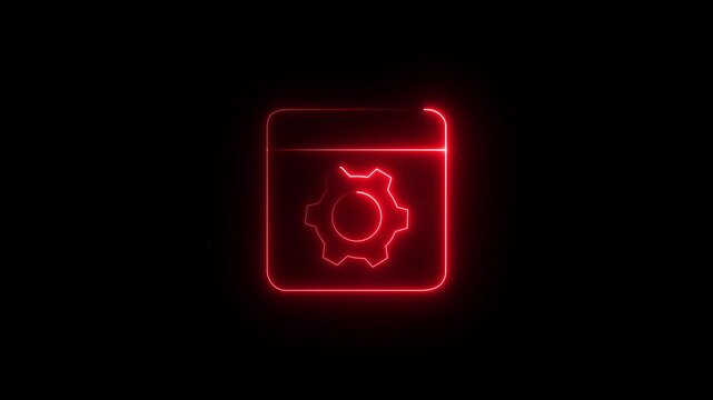 Gear inside webpage showing concept animated icon of website settings ,Neon style website with settings cogwheel graphic animation on black background.4k animation.