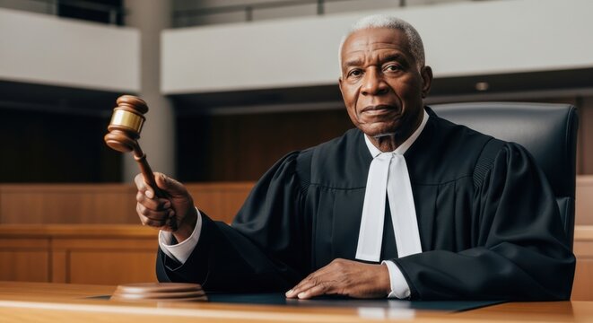Judge Presides Over Court Session While Holding Gavel and Looking Serious in Courtroom Setting During Daytime
