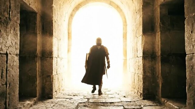Back view of a brave gladiator silhouette walking through a dark stone archway towards bright golden light entering the ancient roman arena ready for epic battle and combat glory