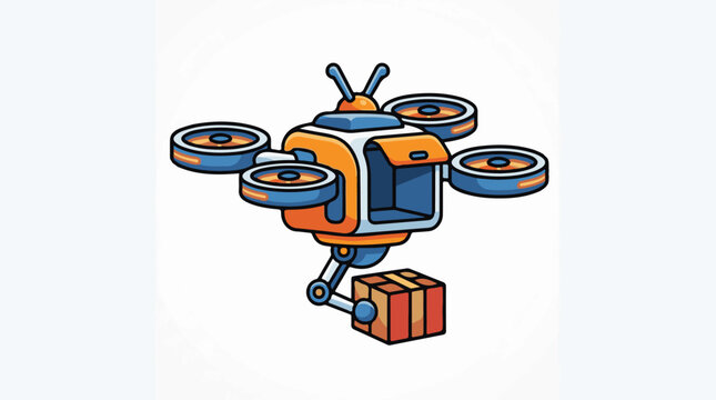A colorful illustration of a drone carrying a box