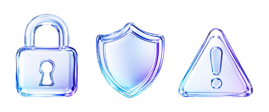 3D glossy liquid glass security icons set, abstract transparent fluid padlock, shield protection, and warning alert triangle symbols isolated on Transparent background