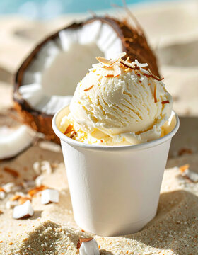 Creamy scoop of coconut ice cream in white paper cup, crispy coconut flakes. Cracked half coconut on sandy background. Bright summer daylight. Tasty dessert. Close-up.
